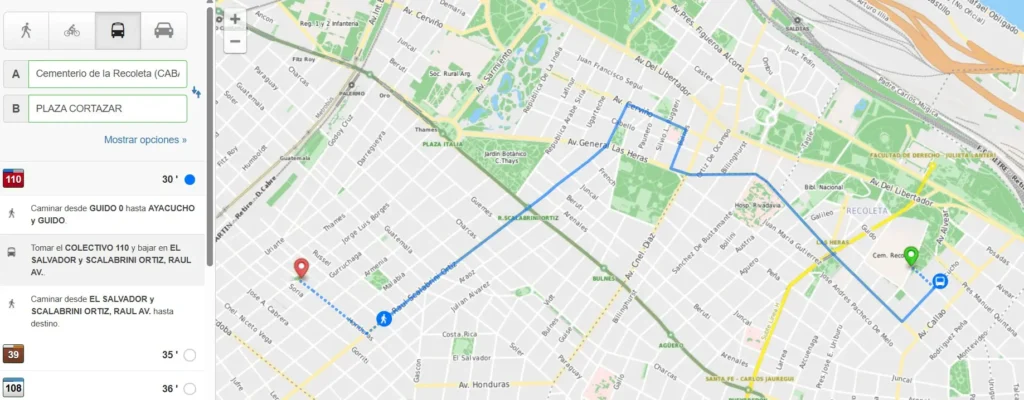 Recorrido en colectivo desde el Cementerio de La Recoleta hasta Plaza Serrano en el mapa de la Ciudad de Buenos Aires